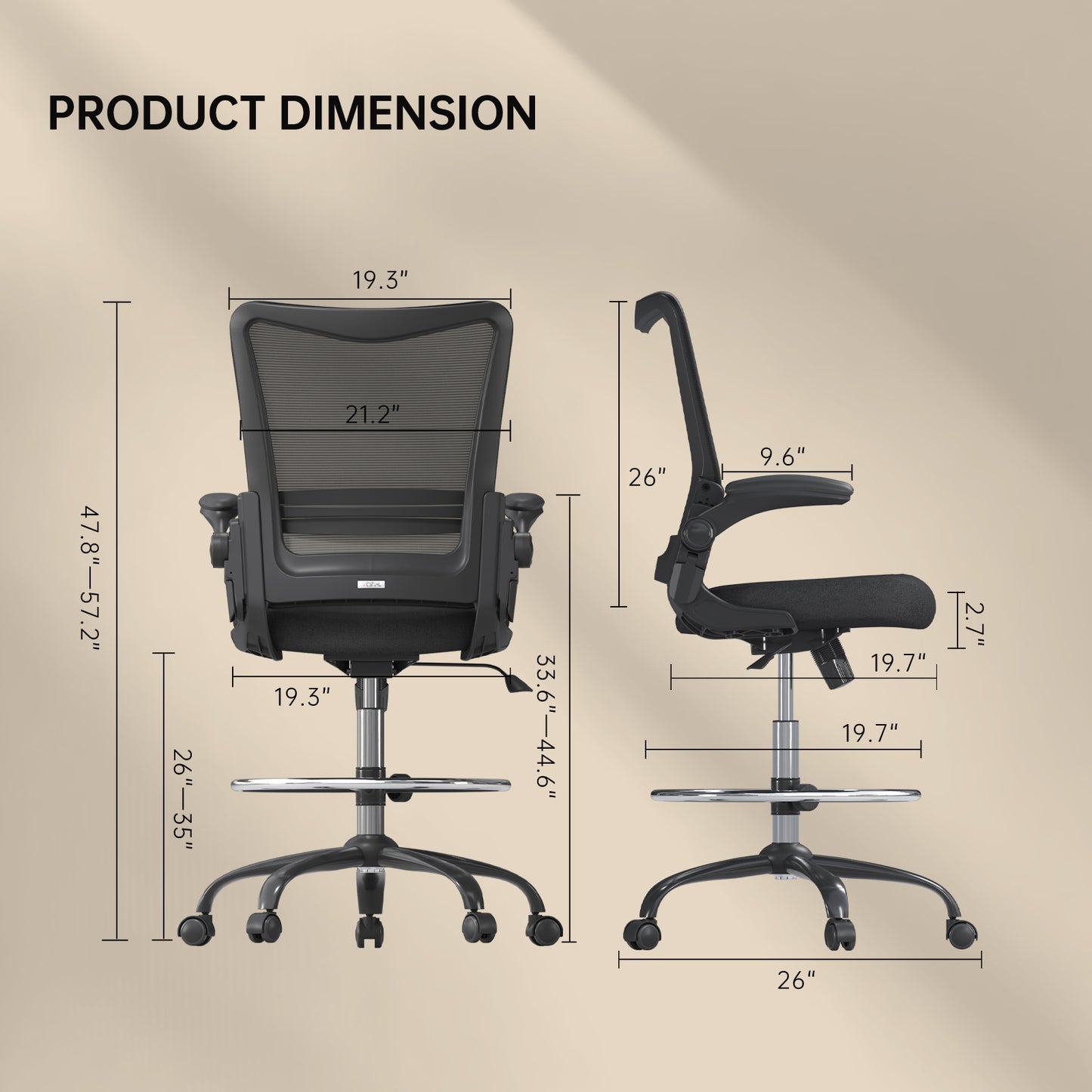 Motostuhl Ergonomic Drafting Chair for Standing Desk, Tall Office Chair with Height Adjustable Arms & Foot Ring, High Back Mesh Counter Stool with Rocking Tilt Function