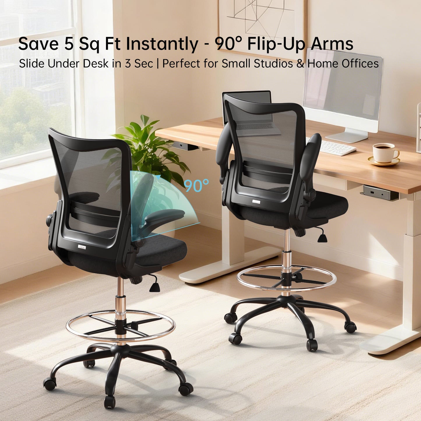 Motostuhl Ergonomic Drafting Chair for Standing Desk, Tall Office Chair with Height Adjustable Arms & Foot Ring, High Back Mesh Counter Stool with Rocking Tilt Function