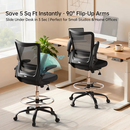 Motostuhl Ergonomic Drafting Chair for Standing Desk, Tall Office Chair with Height Adjustable Arms & Foot Ring, High Back Mesh Counter Stool with Rocking Tilt Function