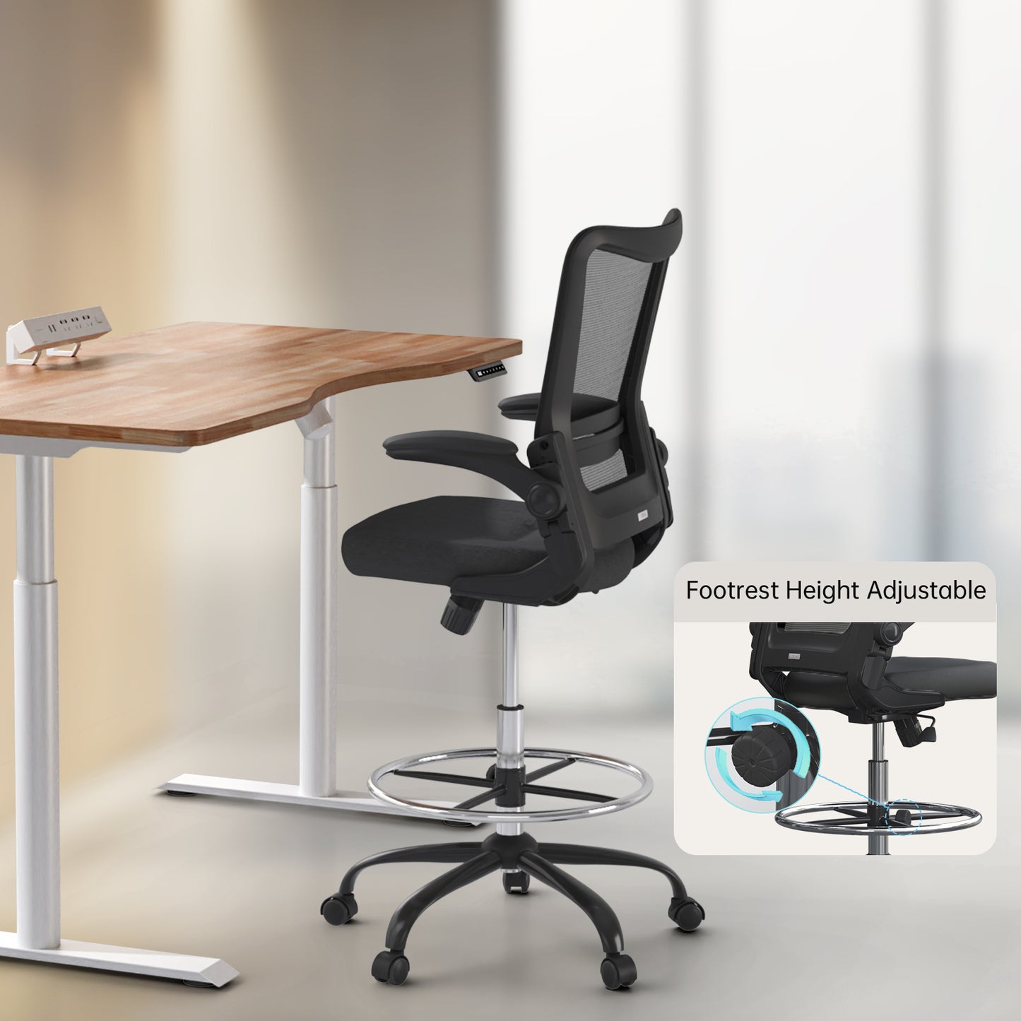 Motostuhl Ergonomic Drafting Chair for Standing Desk, Tall Office Chair with Height Adjustable Arms & Foot Ring, High Back Mesh Counter Stool with Rocking Tilt Function