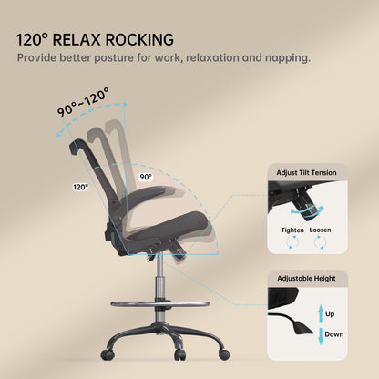 Motostuhl Ergonomic Drafting Chair for Standing Desk, Tall Office Chair with Height Adjustable Arms & Foot Ring, High Back Mesh Counter Stool with Rocking Tilt Function