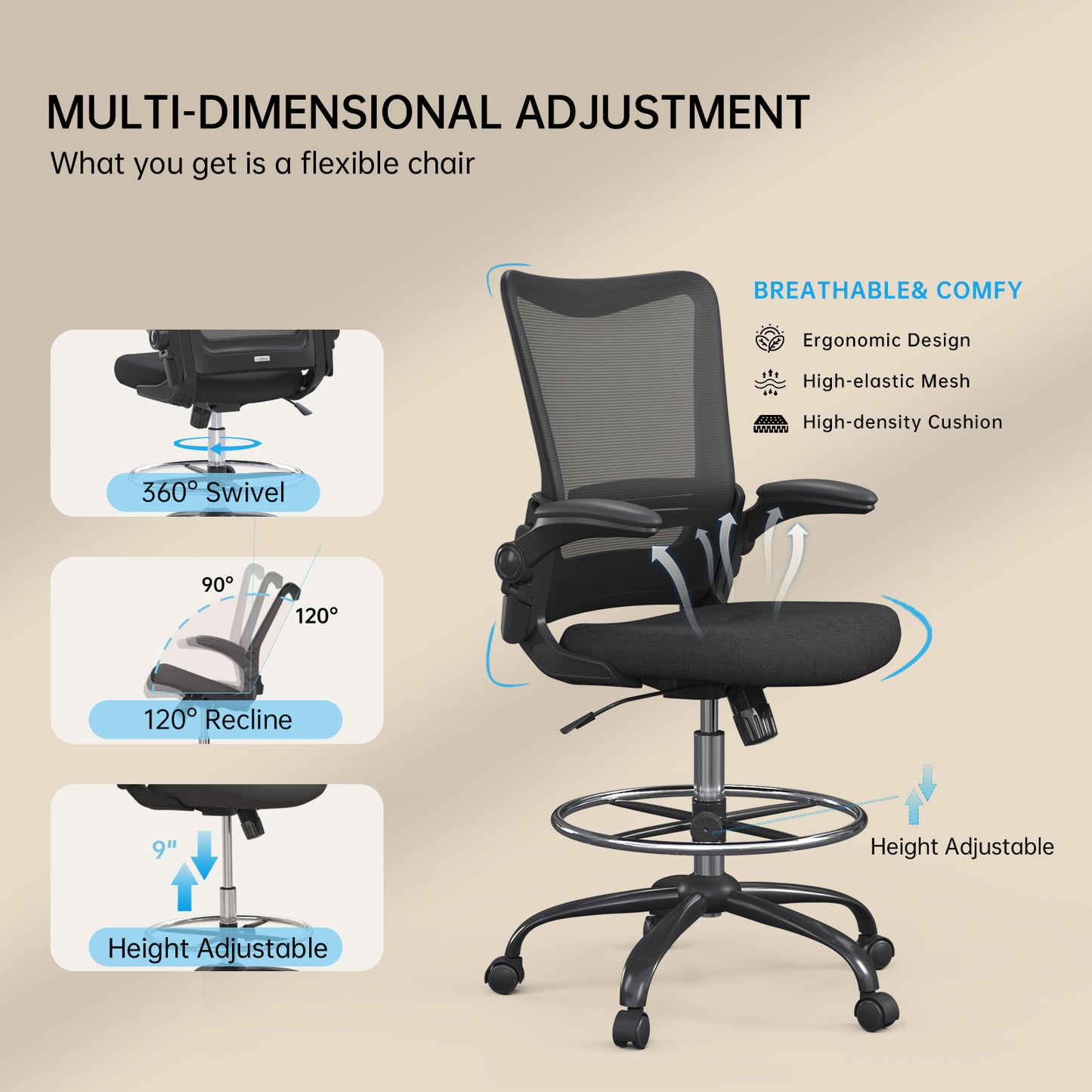 Motostuhl Ergonomic Drafting Chair for Standing Desk, Tall Office Chair with Height Adjustable Arms & Foot Ring, High Back Mesh Counter Stool with Rocking Tilt Function
